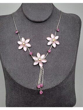 Vintage Blush Pink AB Rhinestone Floral Tassle Necklace 16" Chain